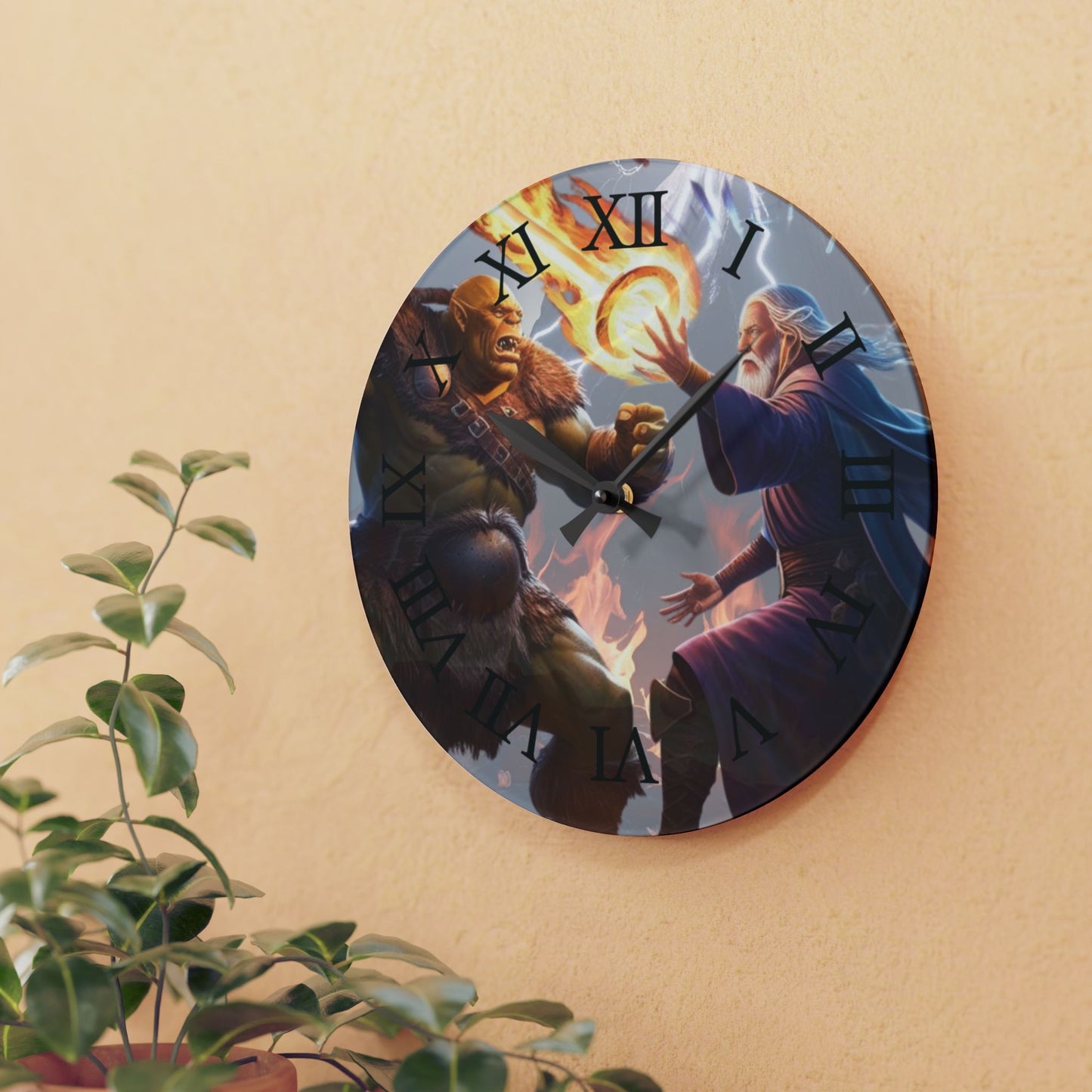 Wall Clock - Wizard vs. Orc Fire Magic Battle Design