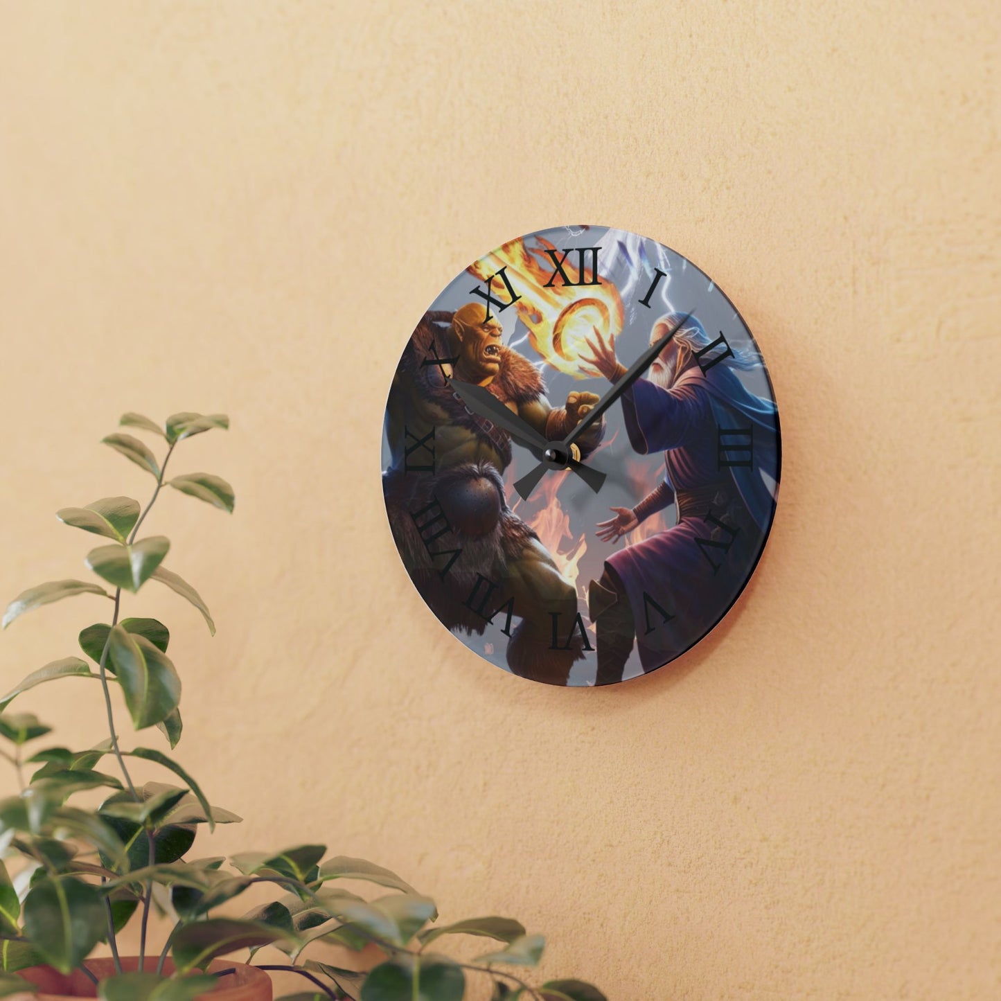 Wall Clock - Wizard vs. Orc Fire Magic Battle Design