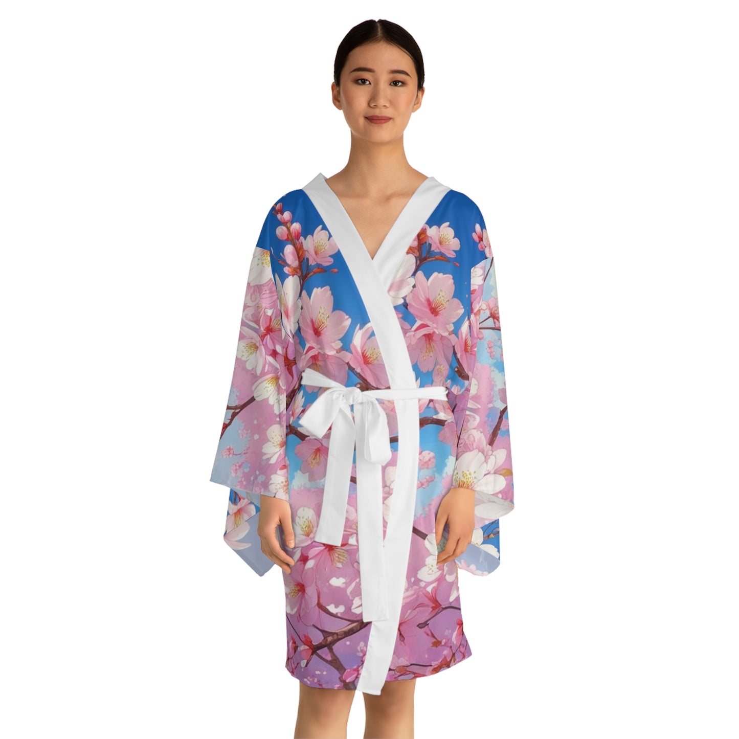 Blossom Floral Long Sleeve Kimono Robe, Cozy Lounge Gown, Spring Fashion, Gift for Her, Relaxing Bathrobe, Japanese-Inspired Style