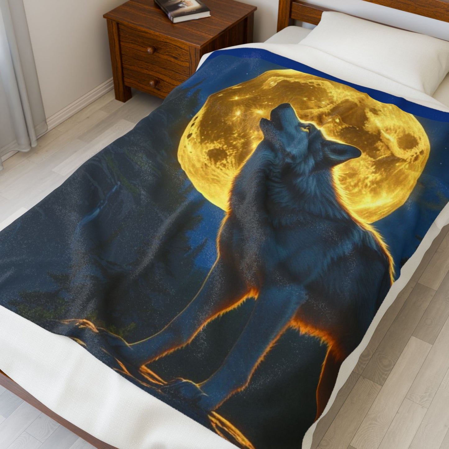 Howling Wolf Velveteen Plush Blanket | Cozy Gift for Nature Lovers, Home Decor, Camping Gear, Wildlife Blanket, Full Moon Decor