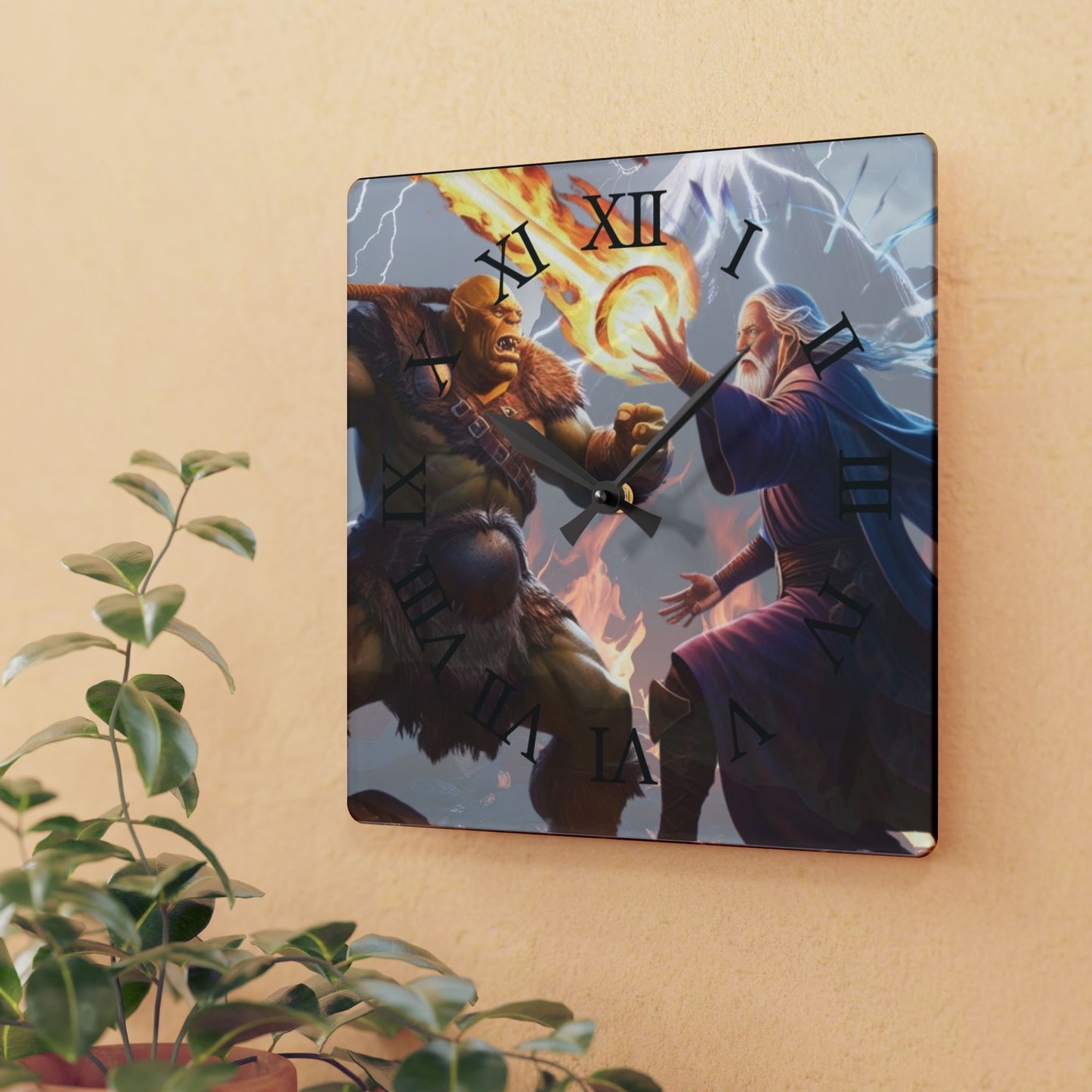 Wall Clock - Wizard vs. Orc Fire Magic Battle Design